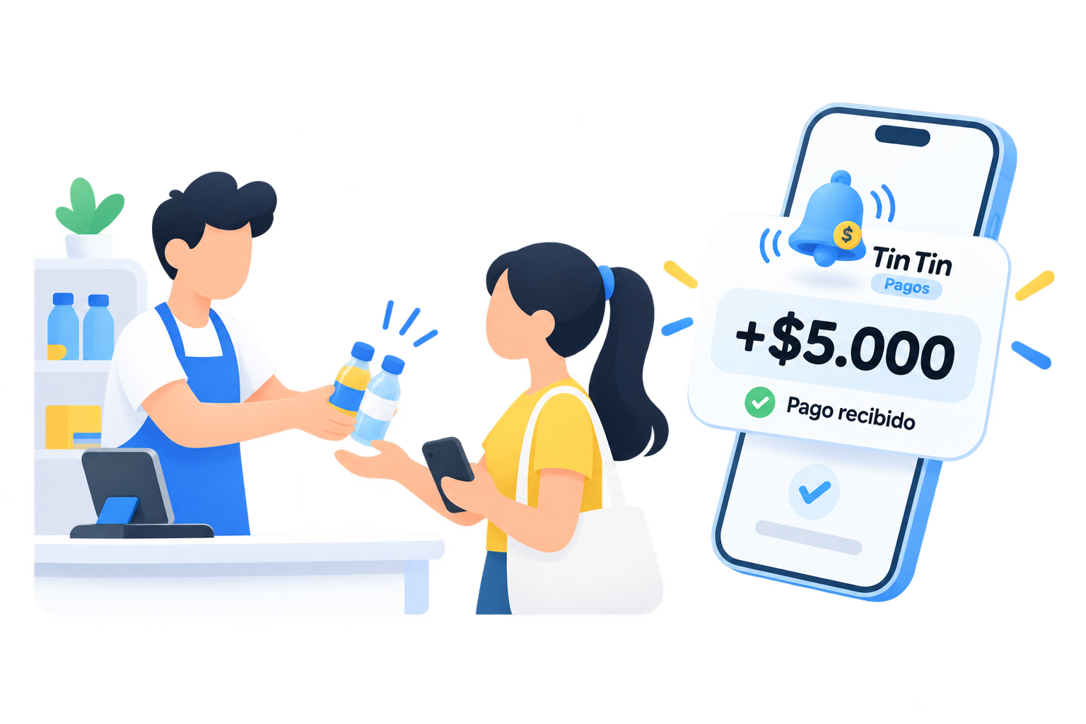 Un tendero atiende a una clienta mientras el celular anuncia un pago recibido de +$5.000 con Tin Tin Pagos
